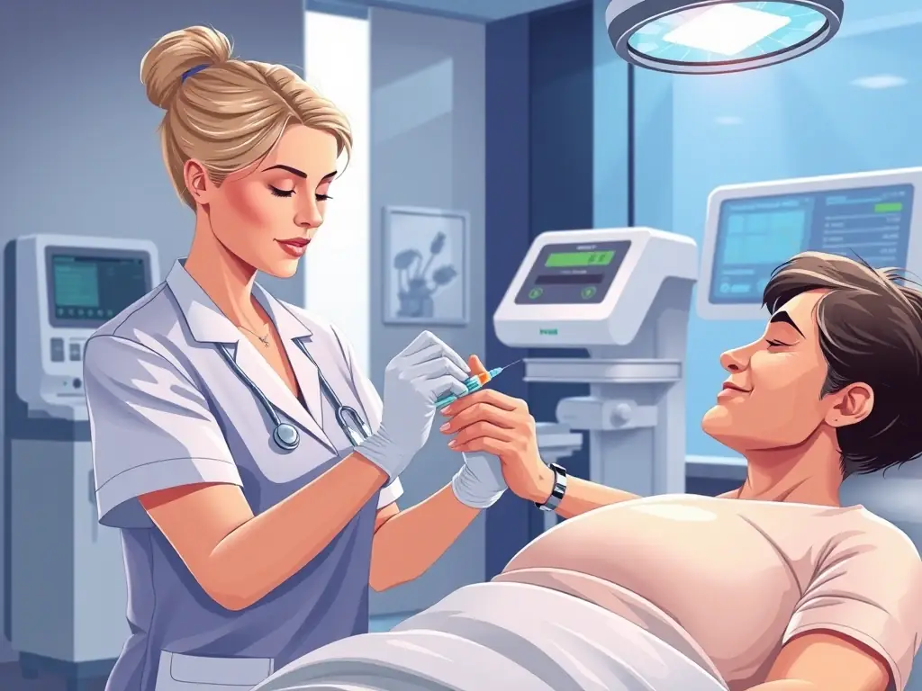 Imagem de uma sessão de terapia nutricional injetável, mostrando a aplicação em um ambiente clínico, com foco na tecnologia e no cuidado com o paciente.