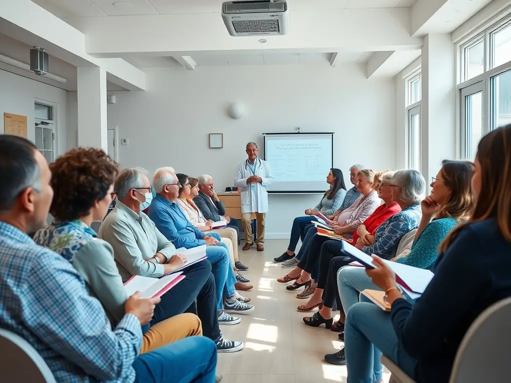 Imagem de um grupo de pacientes participando de uma sessão de orientação sobre mudanças de estilo de vida, com um ambiente inspirador e motivacional.