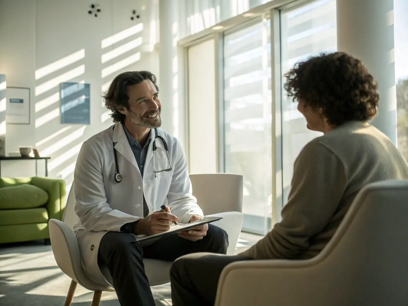 Imagem de uma consulta médica em andamento, com Dr. Cunha interagindo com um paciente em um ambiente acolhedor, transmitindo profissionalismo e cuidado.